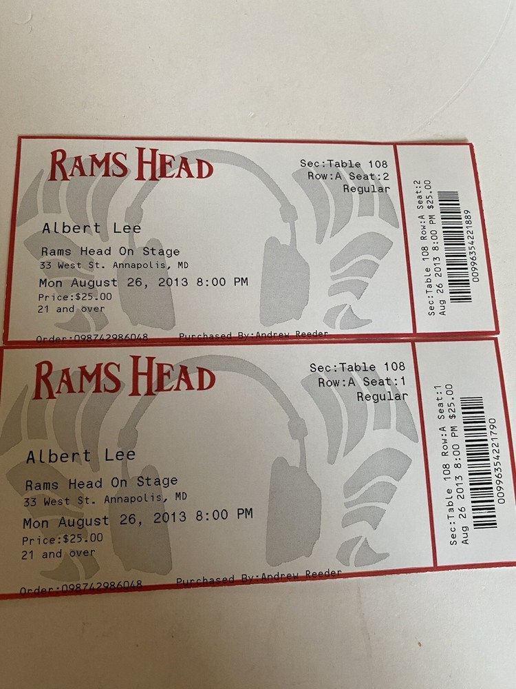 Concert Ticket Stub 2013 Albert Lee Rams Head MD