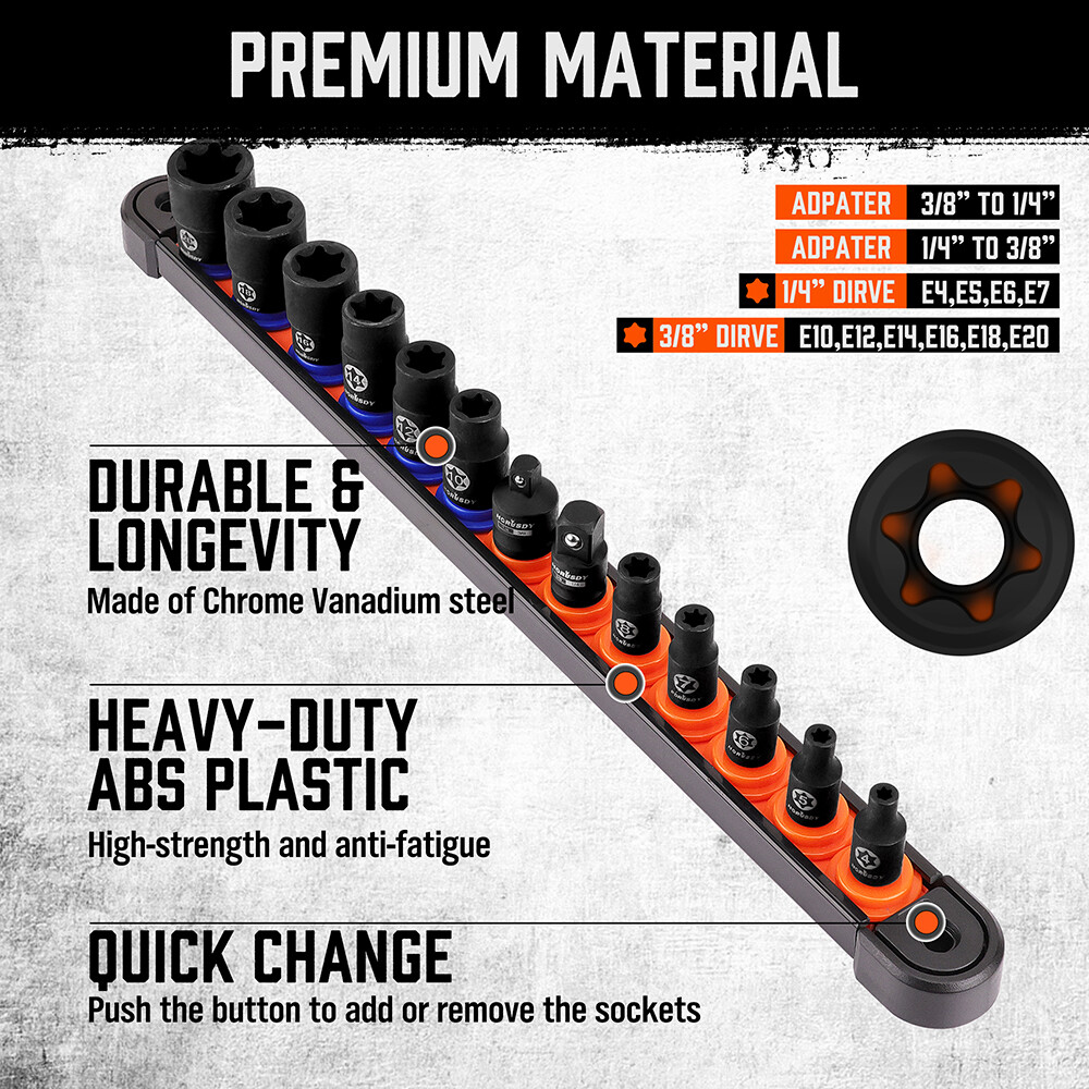 New 13pc Female E Torx Torque Star Socket Bit Set on Snap in Rail E4-E20