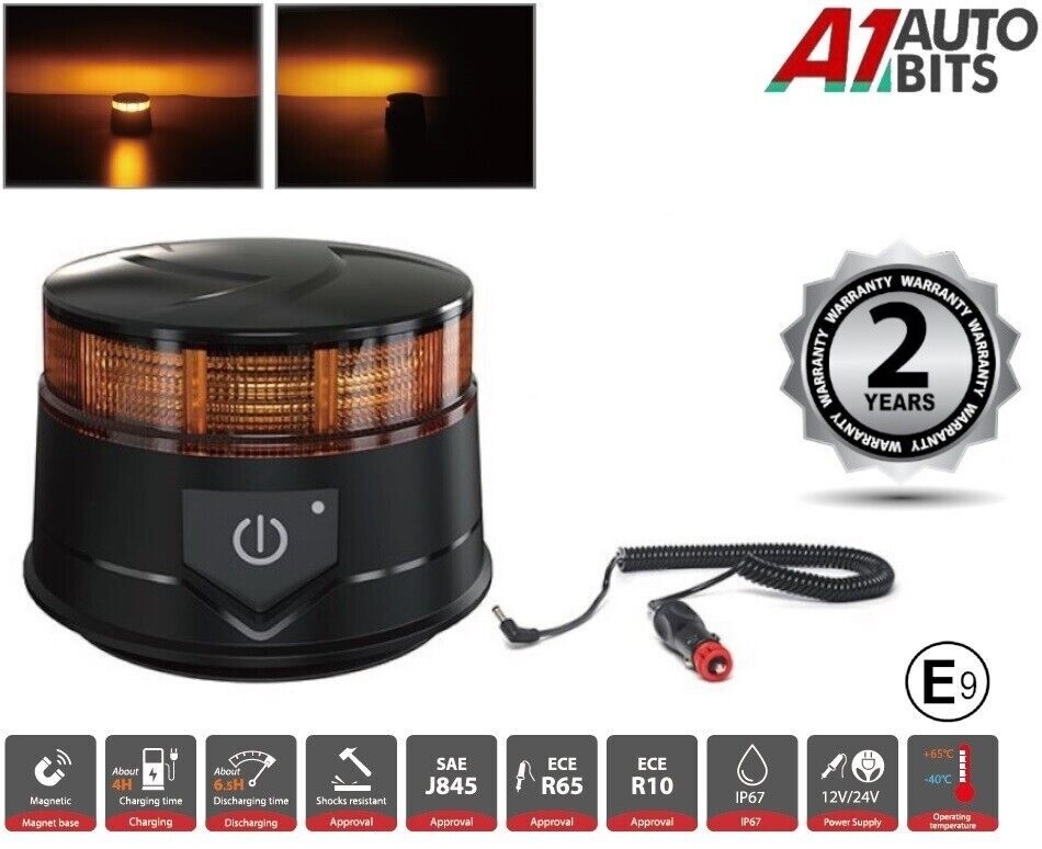 Led Wireless Battery Magnetic Amber Warning Beacon Light 12v 24v E9 7 MODES R65