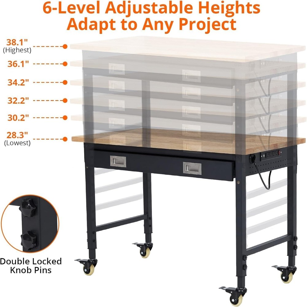 48" Workbench with Pegboard, Power Outlets & Drawer, Adjustable Height Worktable