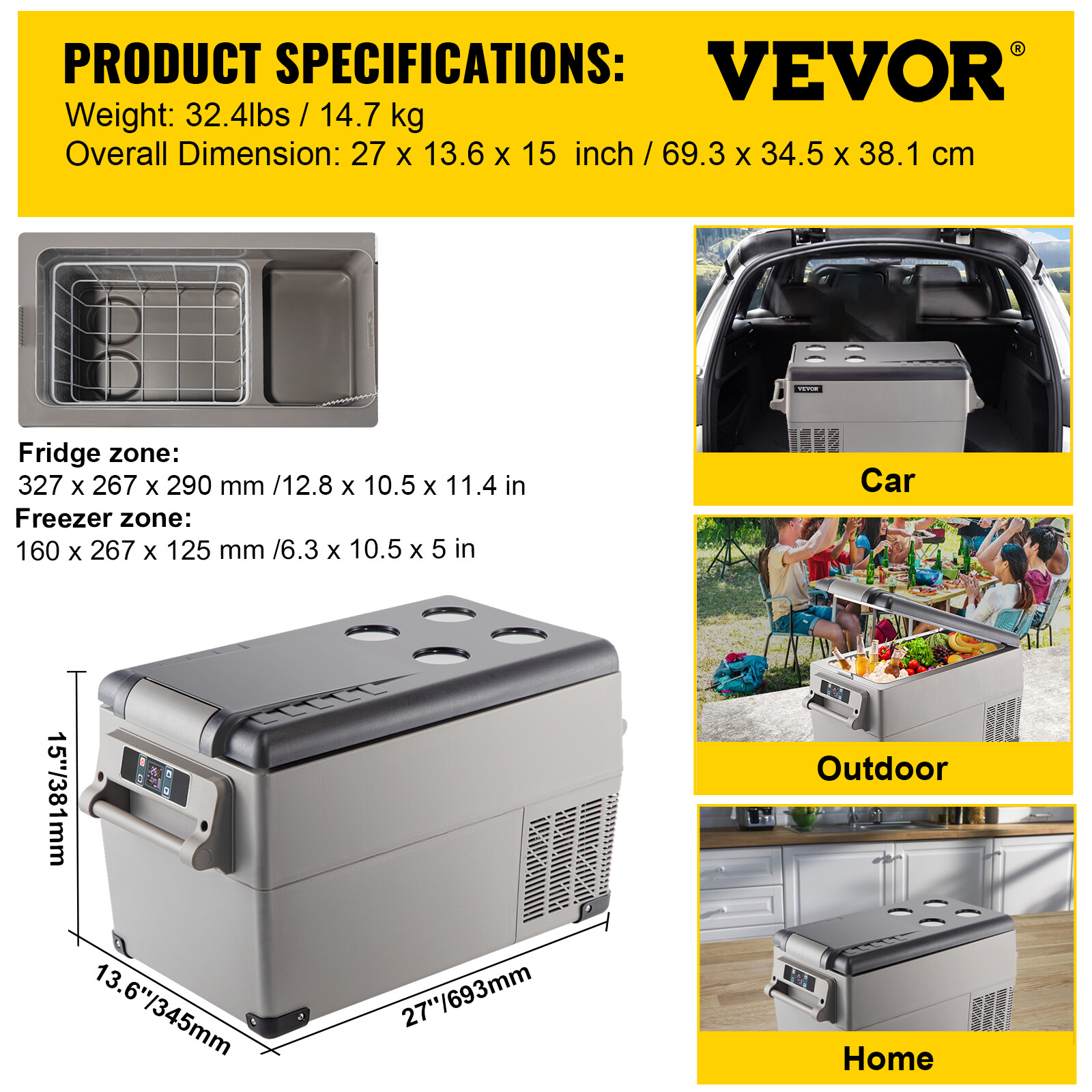 VEVOR Car Fridge 35L Freezer Cooler Mini Refrigerator Portable Compressor 12/24V