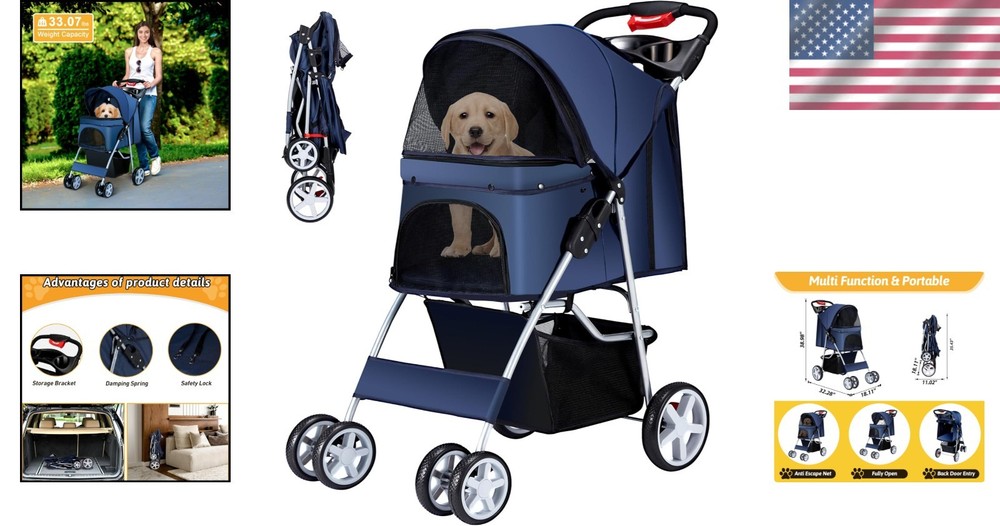 Foldable Pet Stroller with Cup Holder & Storage