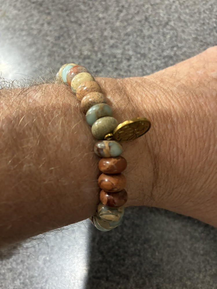 Artisan Beaded Multicolor Natural Stone Bracelet Brass Dangle Charm Adjustable