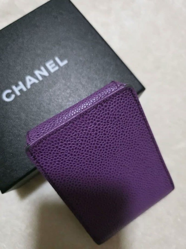CHANEL Purple Violet Cigarette Case Leather Coco Mark Snap Button Used