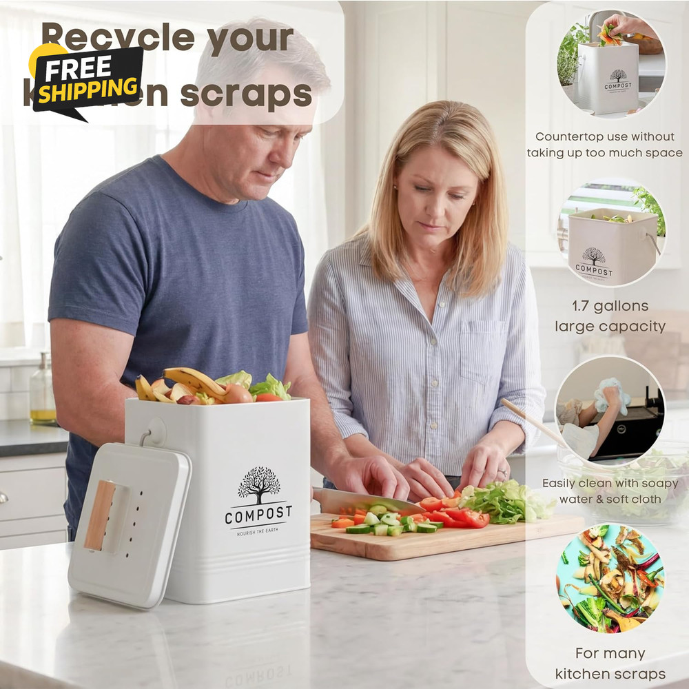Kitchen Compost Bin, 1.7 Gallon Countertop Compost Bin with Lid, Indoor Compost
