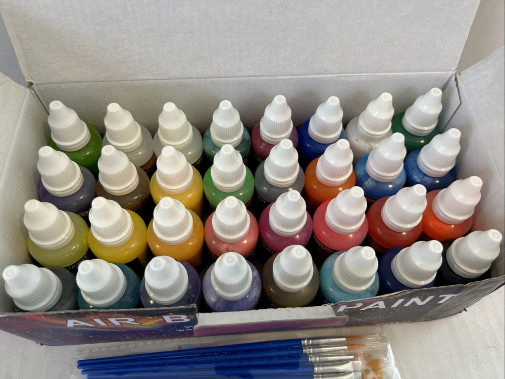 AIR BRUSH PAINT SET 30 COLORS & 2 THINNERS WATERPROOF QUICK DRYING MULTI SURFACE
