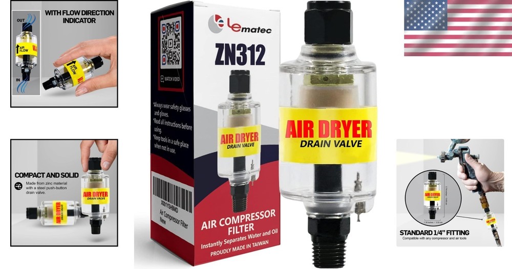 Compact Air Tool Moisture Protector with Push Button Eject - 1/4" NPT Design