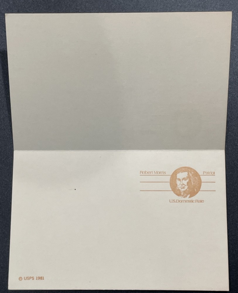 US Scott UY33 Postal Reply Postcard; Robert Morris; Unused; Attached