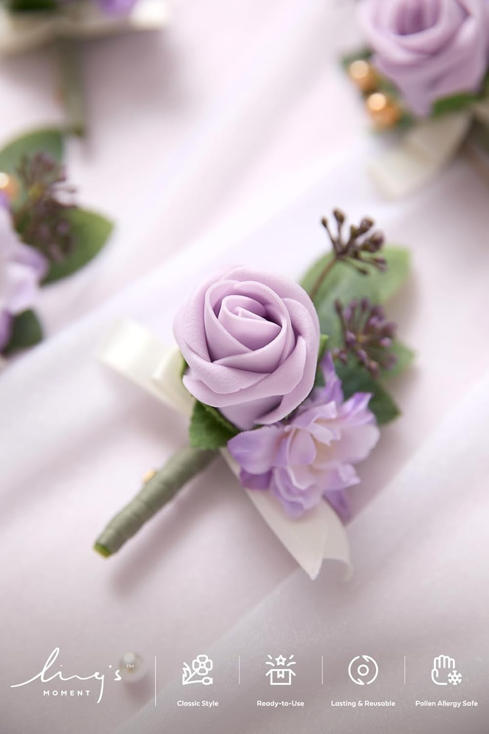 Ling's Moment Boutonniere for Men, 10pcs Groomsmen Guest Boutonniere, Lilac