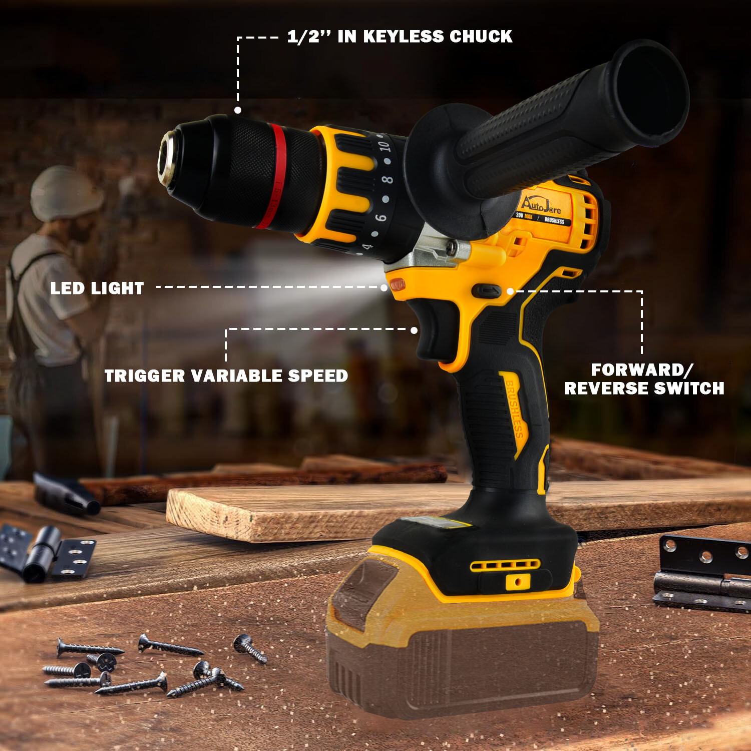 1/2" Cordless Drill Driver for Dewalt 20V Battery, Brushless Compact Drill Tool