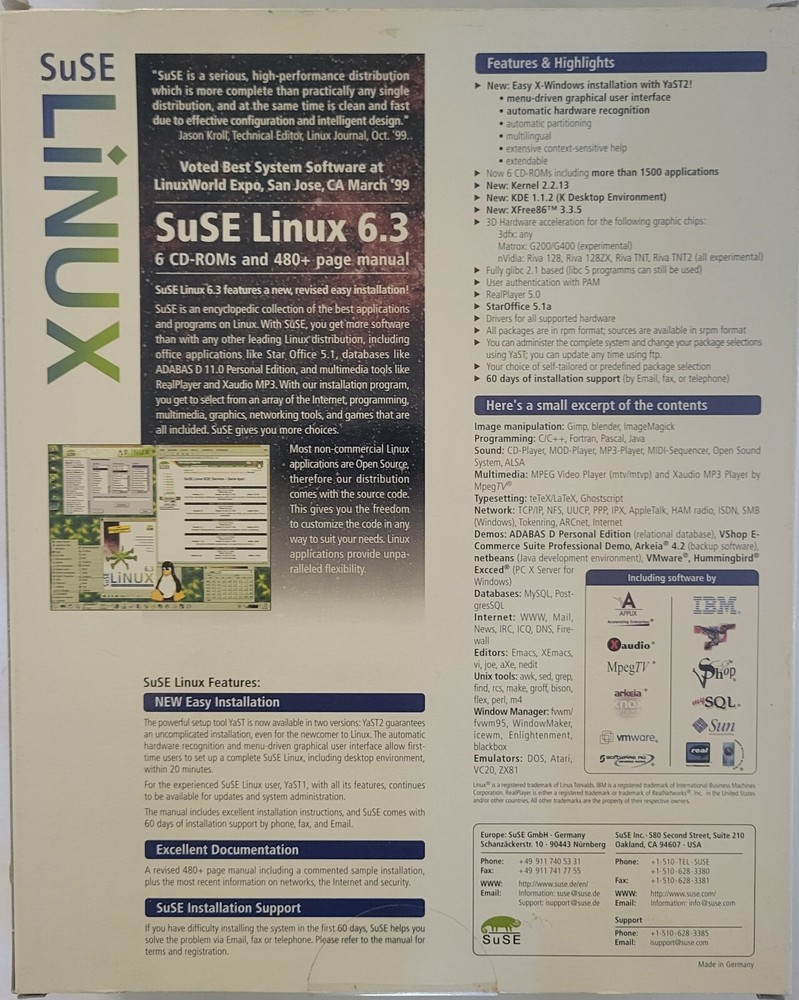 SuSE Linux 6.3 Operating System - Released in November 1999