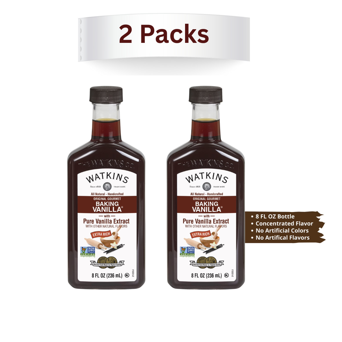 2-PK  Watkins All Natural Original gourmet baking Vanilla with Pure Extract 8oz