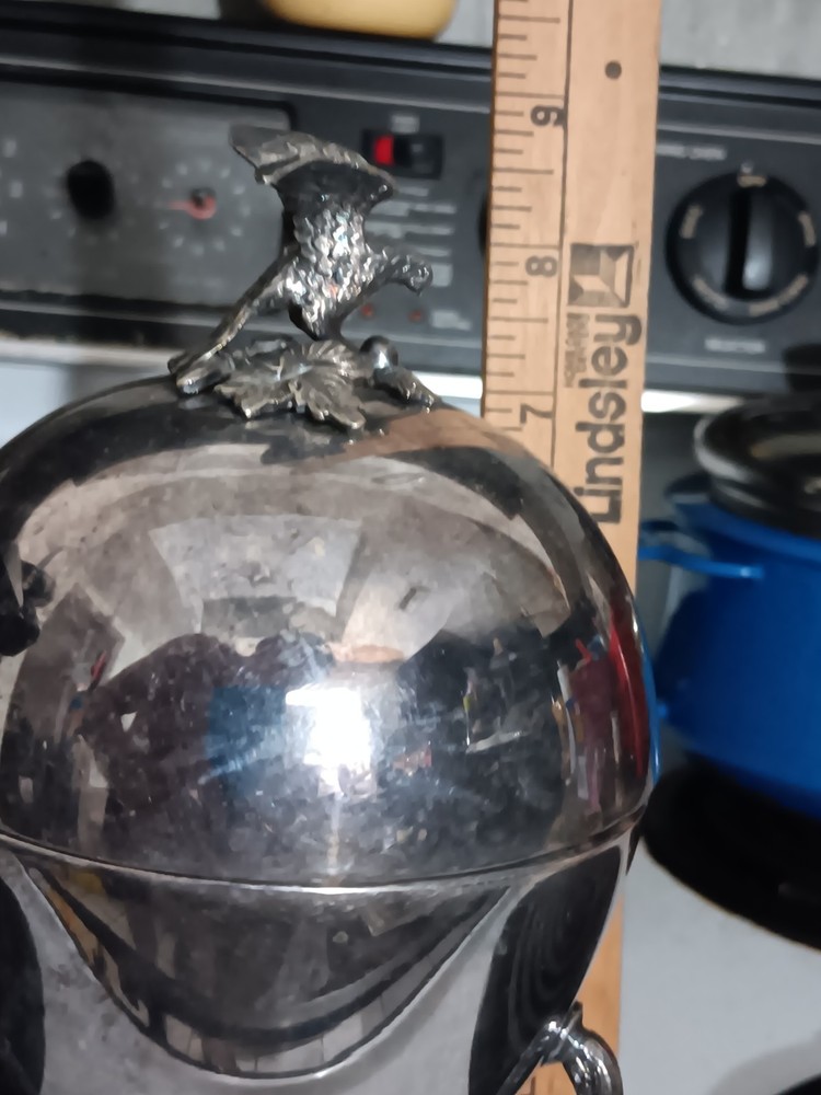 Antique English Silver Plate Condiment Egg Codder Eagle Finial Handle