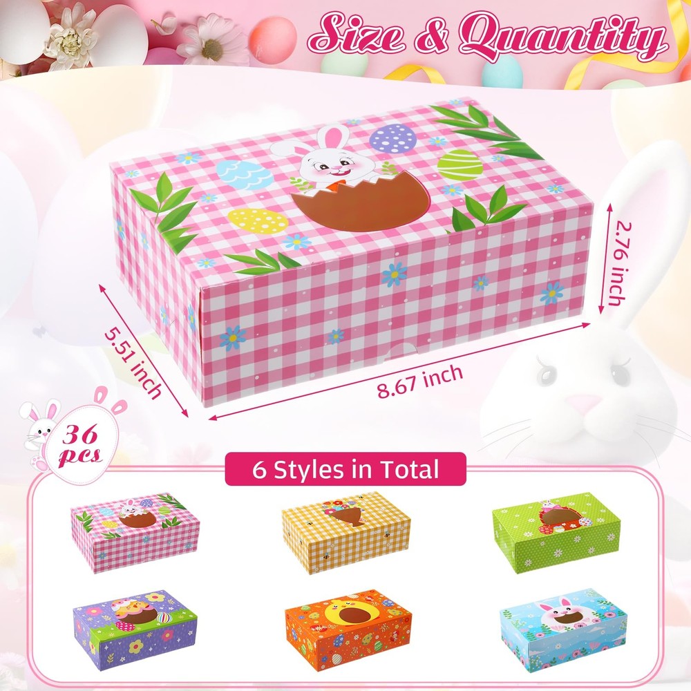 36 Pcs Easter Cookie Treat Boxes with Shape Window Bunny Egg Flower Cupcake B...