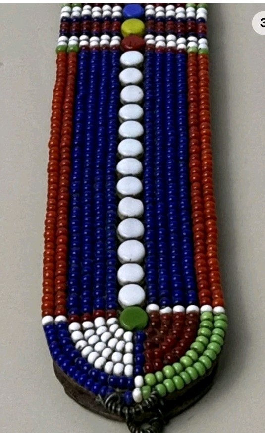 Antique African Maasai Beaded Leather Strap 8" Petina & Handbeading - Decorative