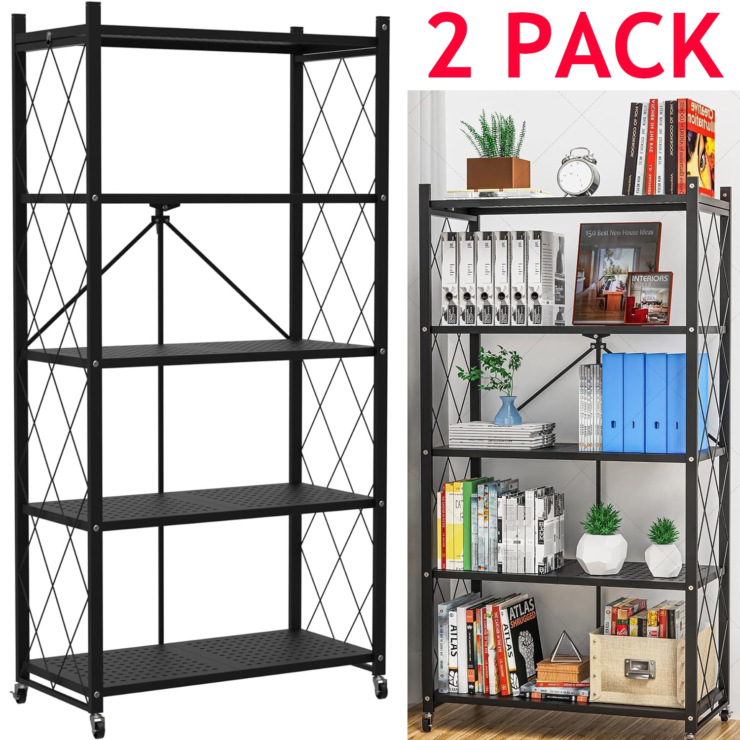 2x Foldable 5-Tier Storage Shelves w/ Wheels Heavy Duty Organizer Kitchen Garage