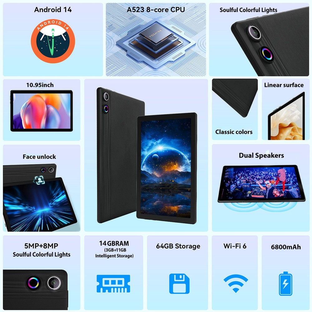 10.1 inch Android 14 Tablet 10+128GB IPS Touchscreen Octa-core Processor Wi-Fi
