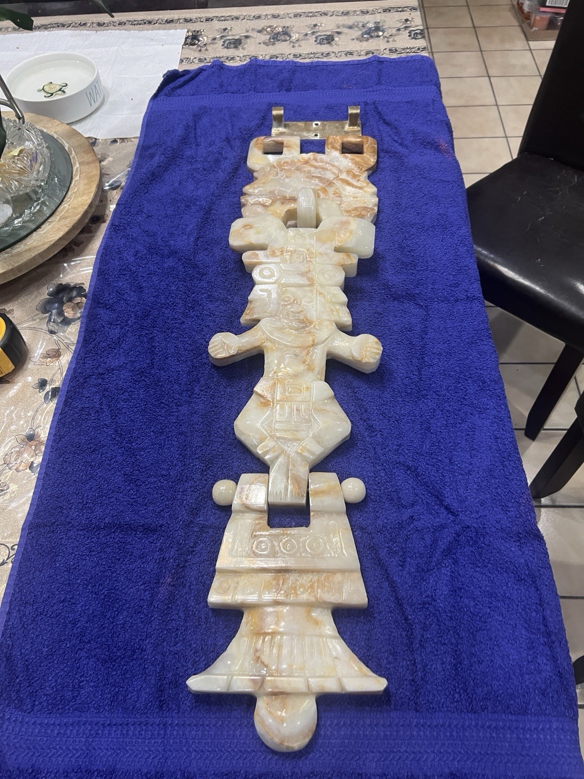 Aztec Mayan Marble/Onyx Large Stone Hand Carved Wall Hanging 33” Long W/bracket