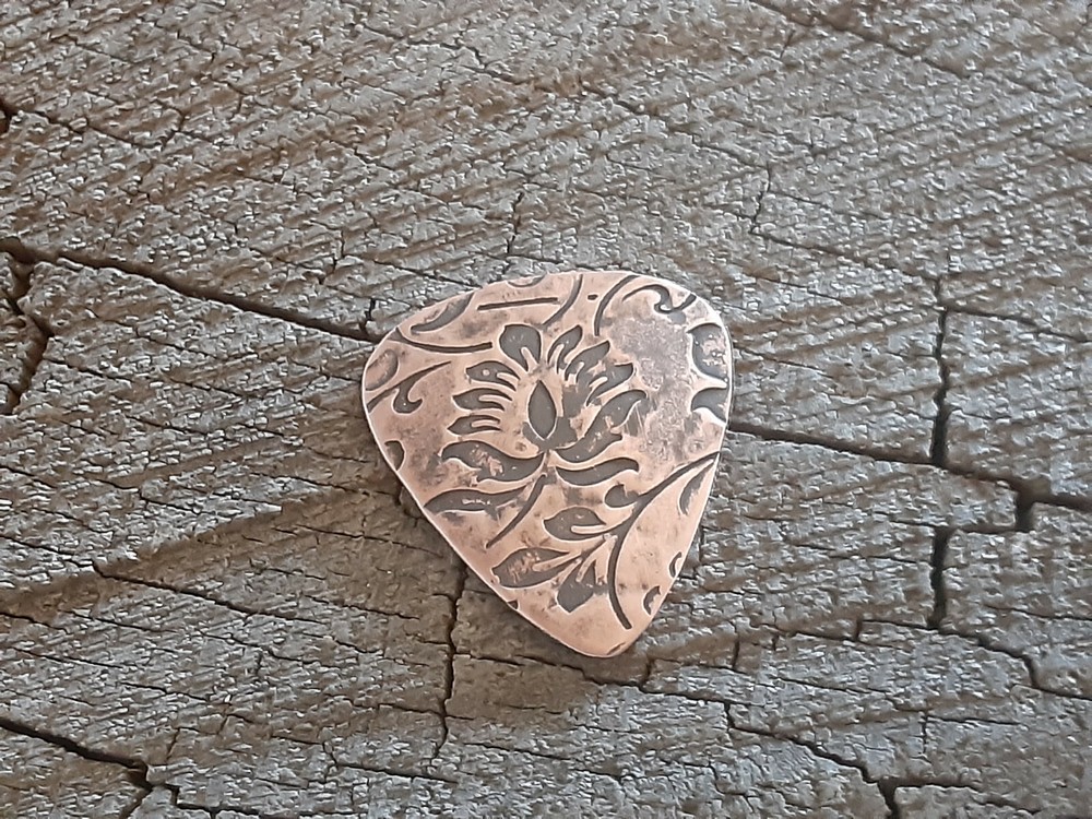 rustic copper guitar pick - playable and handmade - large floral pattern