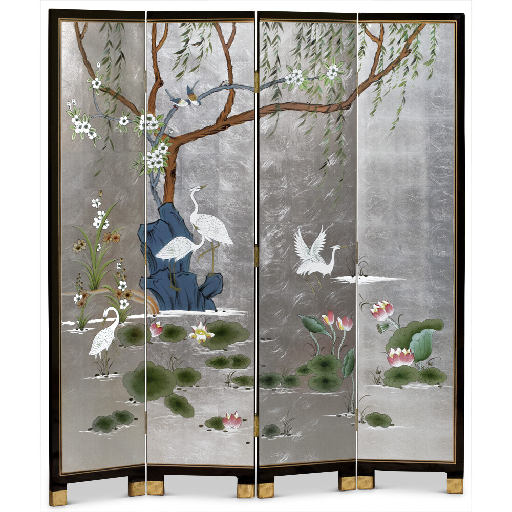 US Seller - Silver Leaf Cranes in Lotus Pond Asian Floor Screen