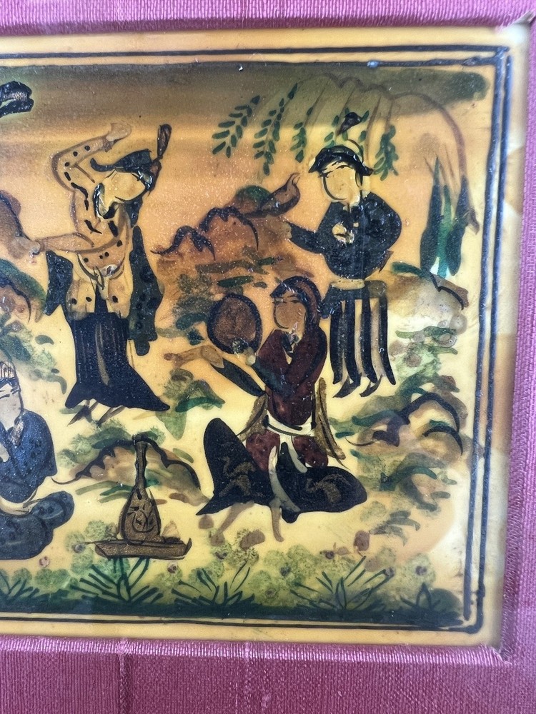 Vtg Middle Eastern Framed Small Hand-Painted Gathering Scene on Camel Bone