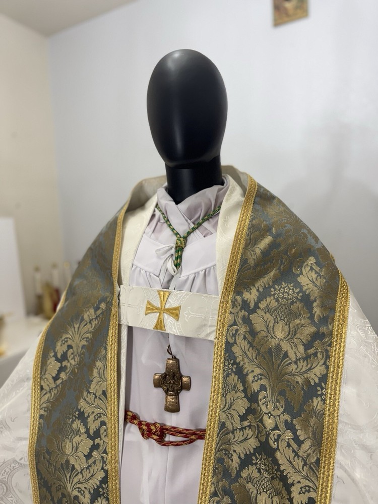 WHITE COPE VESTMENT - BLUE JACQUARD ORPHREY WITH STOLE