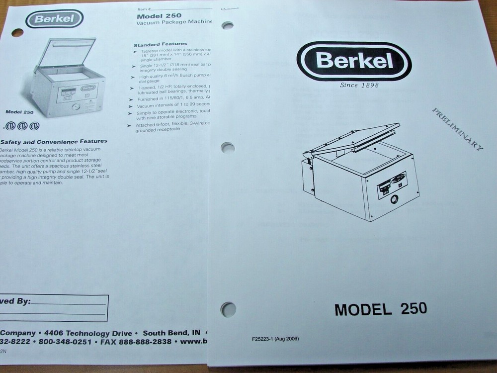Berkel Model 250Vacuum Package Machine Service Manual