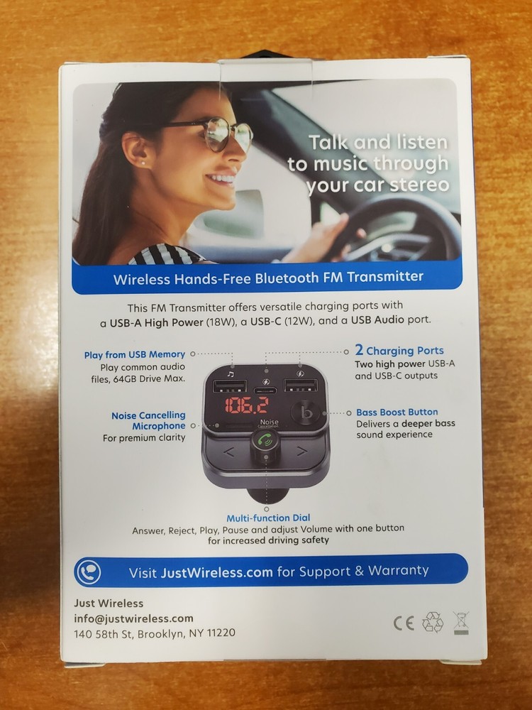 Just Wireless Bluetooth FM Transmitter USB-C/USB-A/Charging Port (0888) R6P1