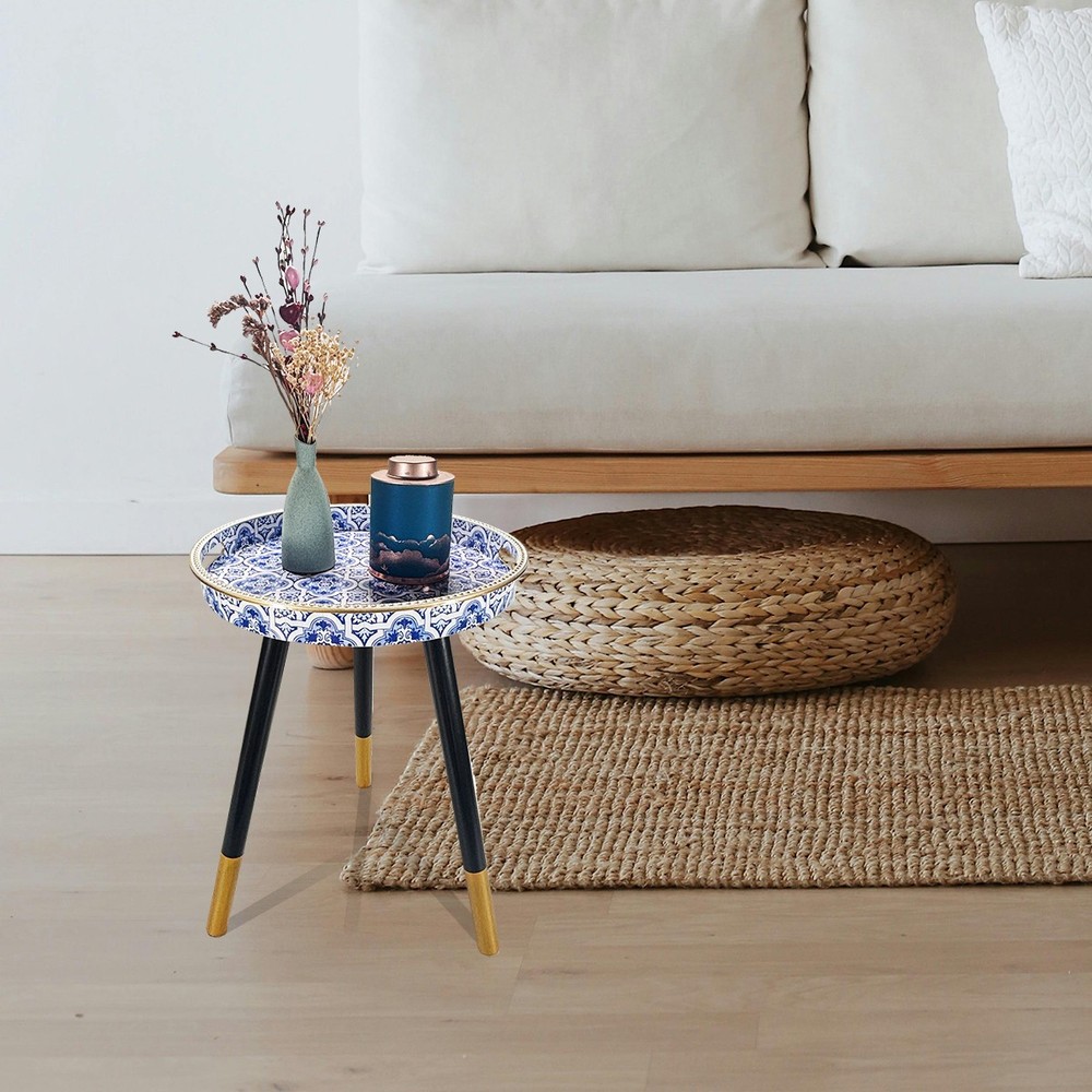 Round Accent Side Table Blue White Pattern Gold Trim Removable Legs