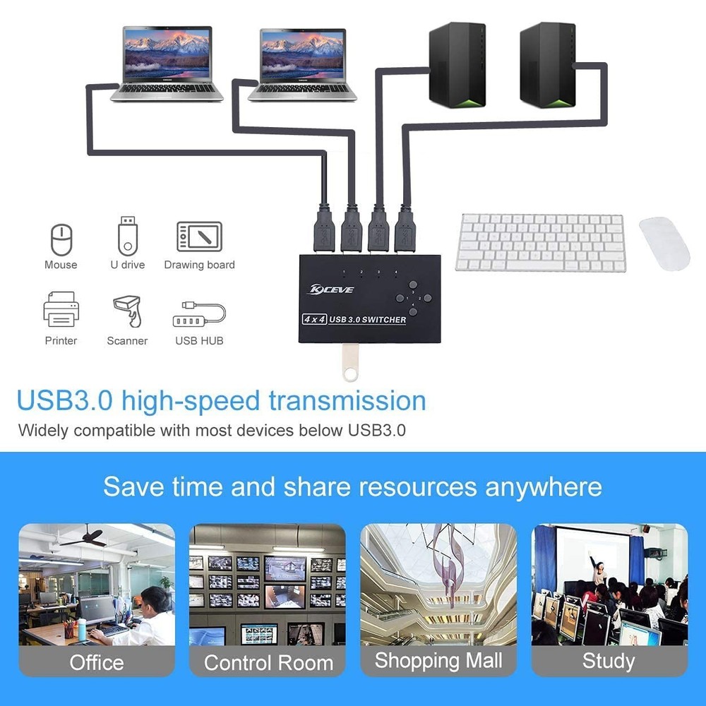 USB 3.0 Switch, USB Switcher Selector 4 Computer Sharing 4 USB Devices Printe...