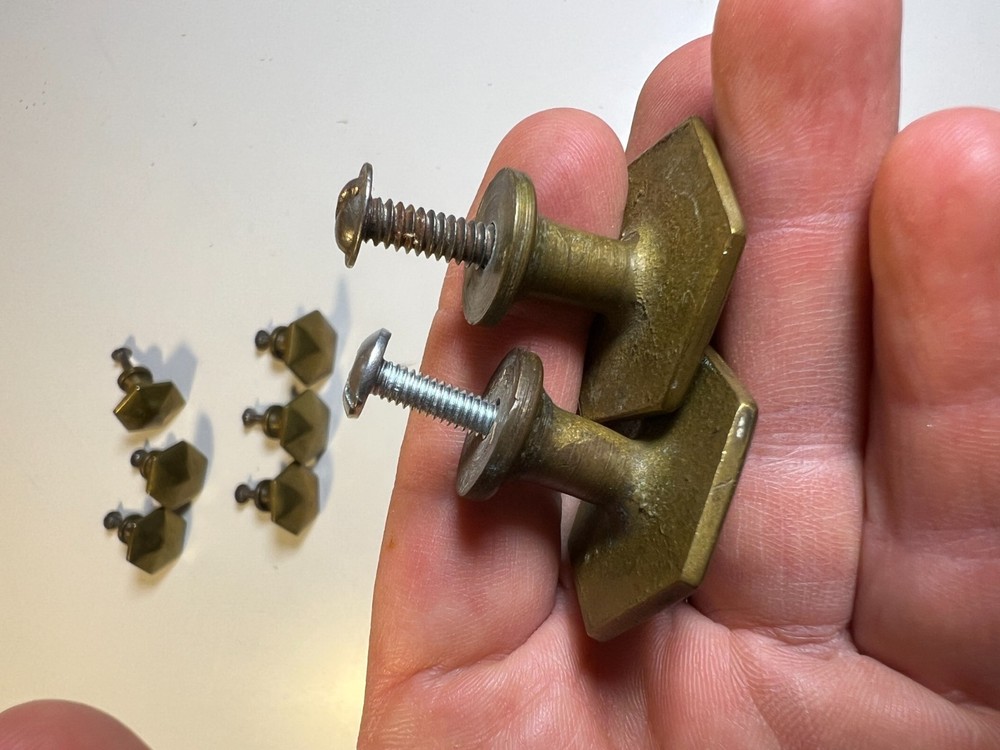 Vintage Mid Century Modern MCM Solid Brass Faceted Hex Drawer Pulls Knobs Set 8