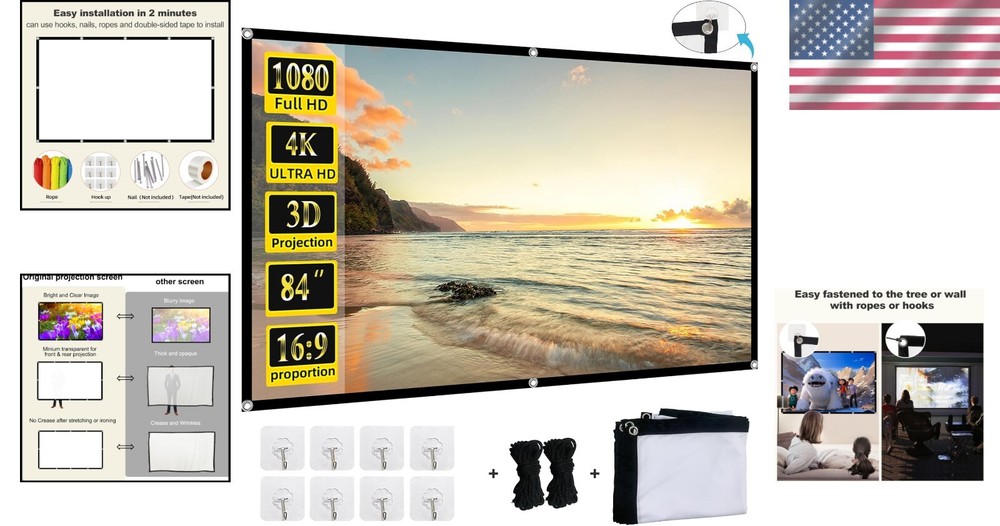 Versatile 84" 4K Double-Sided Projection Screen - Easy Install for Any Setting