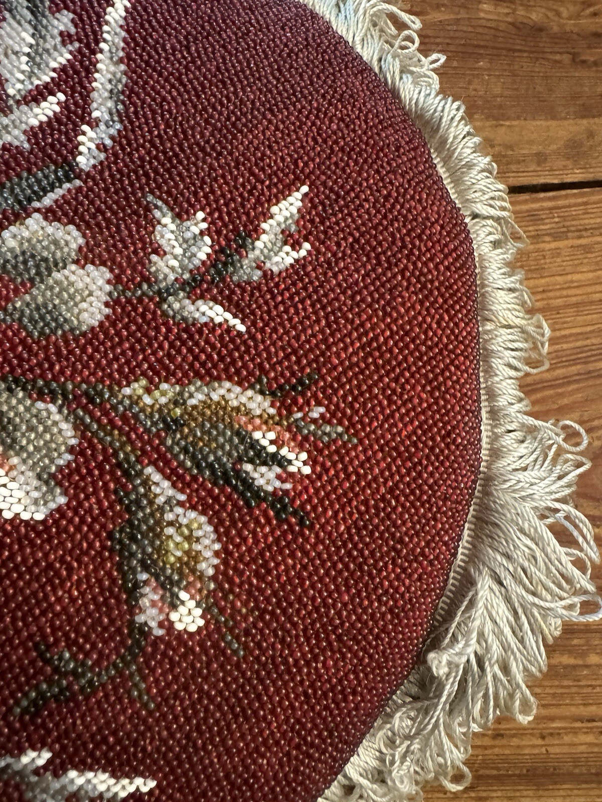 Victorian UK Embroidered & Beaded 13” Chair Seat Cushion w/ Purple Velvet Bottom