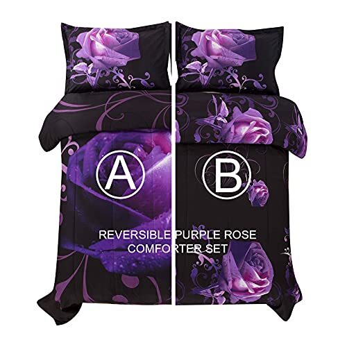 Purple Comforter Set Reversible Purple Rose Pattern Printed Bedding Down Queen