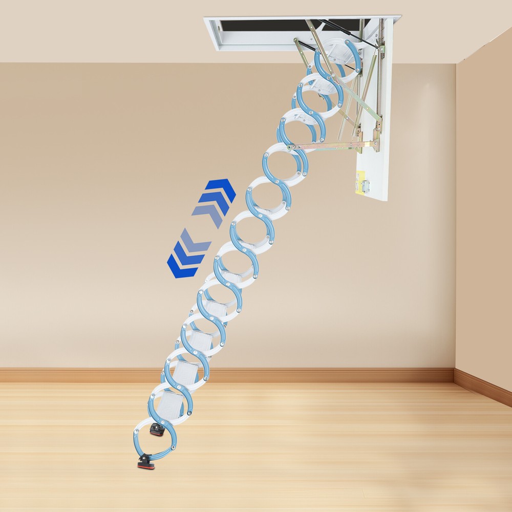 12 Steps Attic Ladder Pull Down Attic Stairs Folding Ladder Ceiling Mounted 10ft