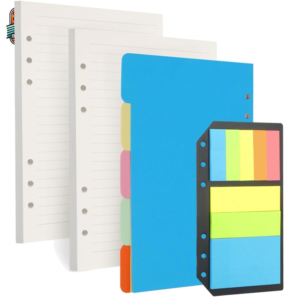 A5 Lined Paper Inserts - 180 Pages, 5 Dividers & Sticky Notes for Study