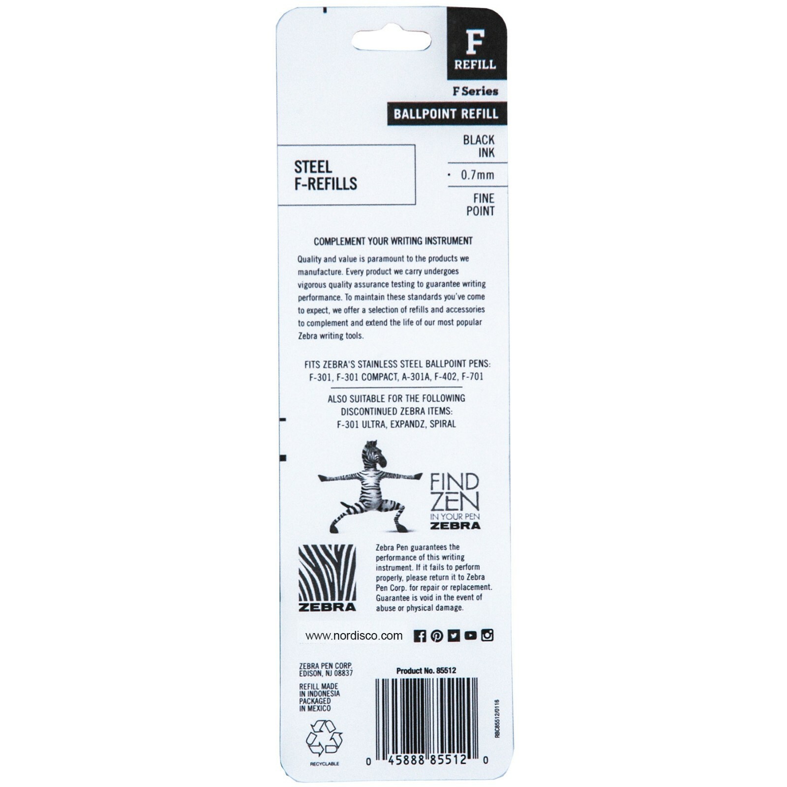 6 Packs 85512, Zebra F-Refills For F-301 Series, F-402, F-701, 0.7mm Black Ink