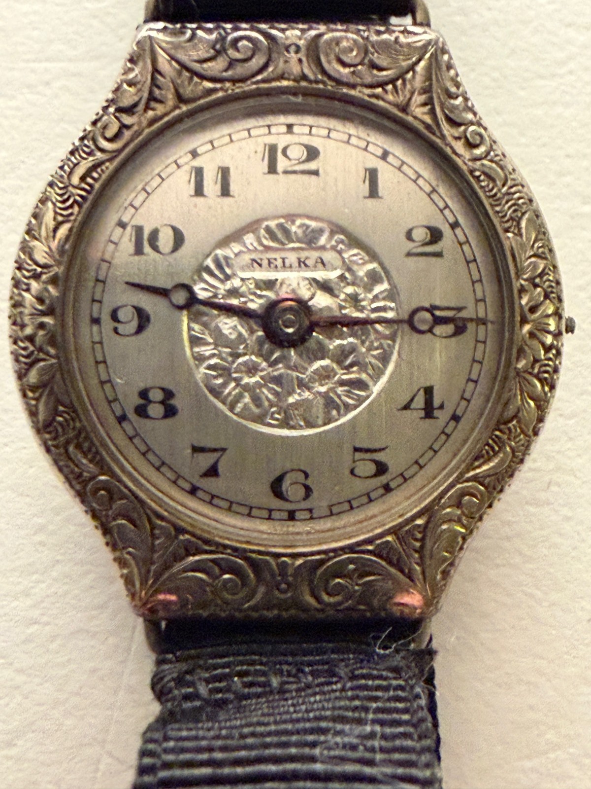 Original Art Deco Nelka Watch 1920's - Engraved Floral Pattern Face -White Gold