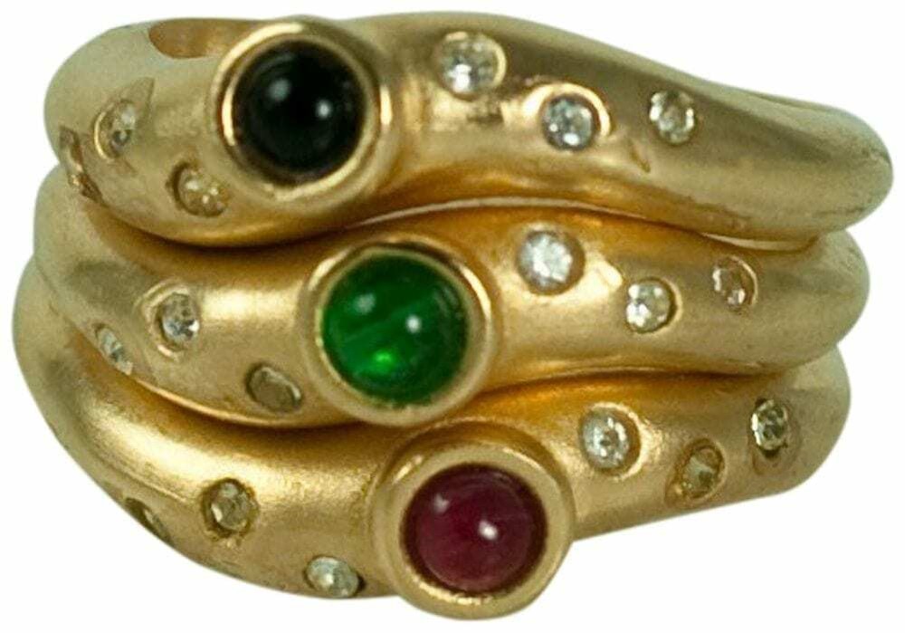 3PCS, STACKABLE SATIN GOLD RINGS WITH CABOCHONS CENTER