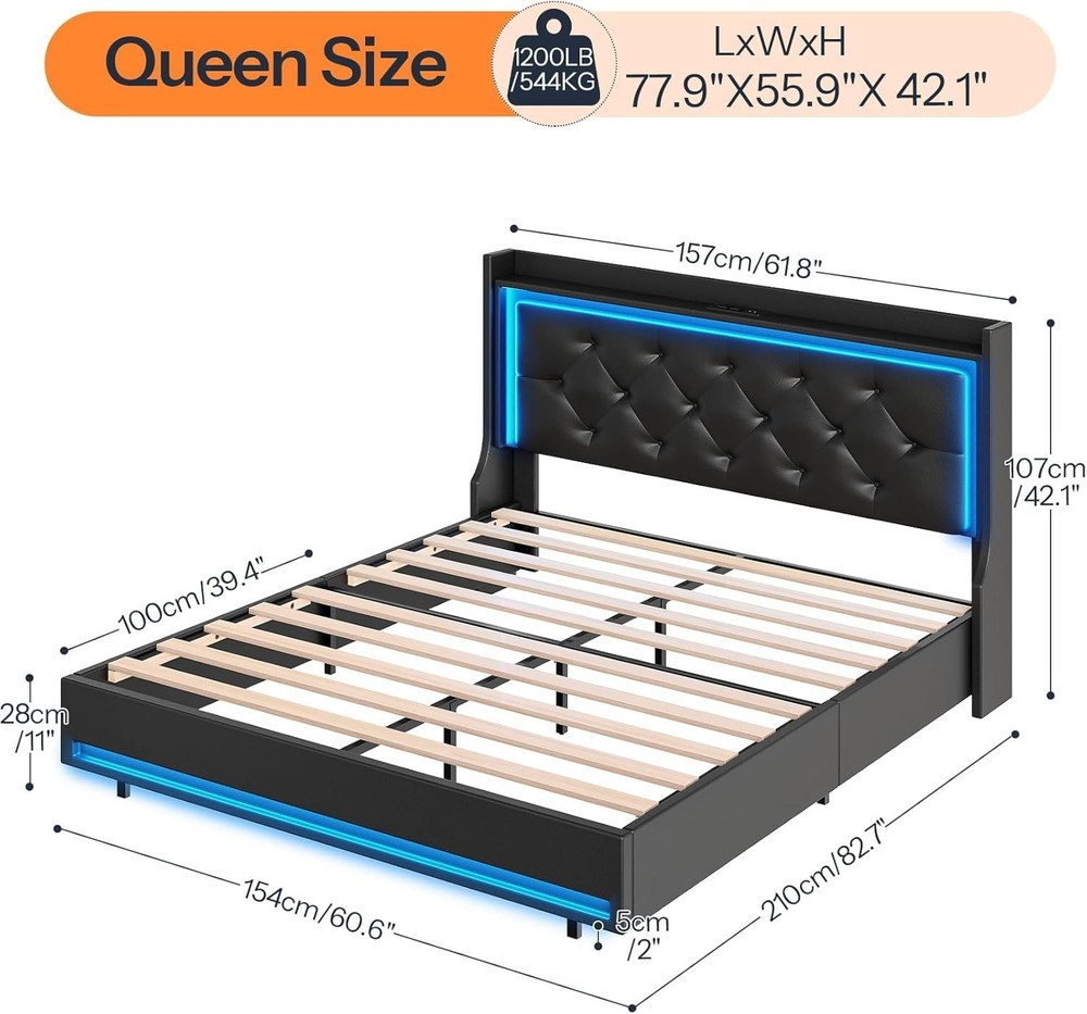 Queen Bed Frame with Headboard Upholstered Bed Frame Metal Platform Frame