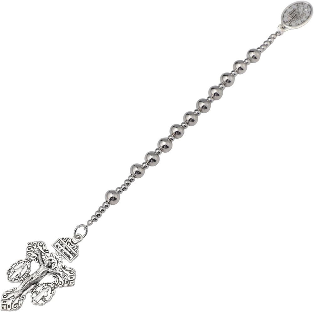 One Decade Pocket Rosary,Silver Small Rugged Rosary Beads for Men Catholic Gift,