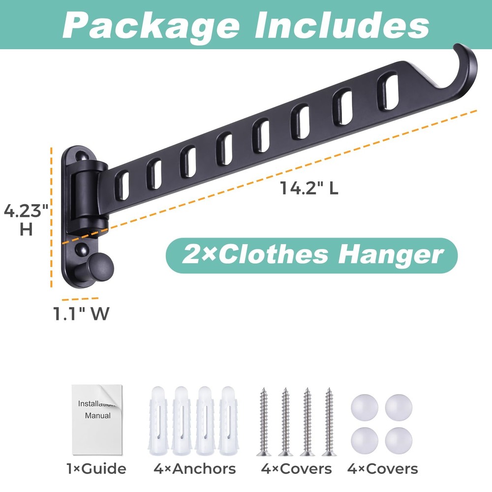 2 Pack Black Wall Mounted Clothes Hanger Swing Arm 8Hole Drying Rack Bin