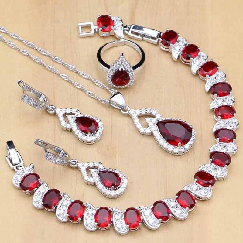 925 Silver CZ Pear Ruby Ring Earrings Bracelet Pendant Necklace Set