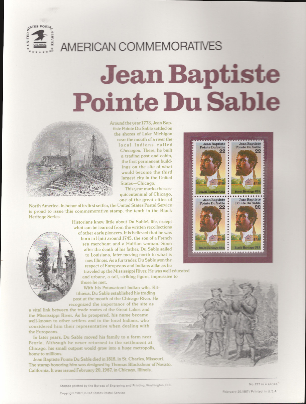 1987 Commemorative Panel Honoring Jean Baptiste Pointe Du Sable