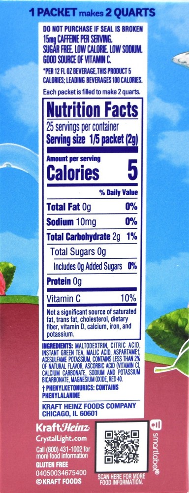 8 10-Quart Boxes Crystal Light Raspberry Green Tea Drink Mix