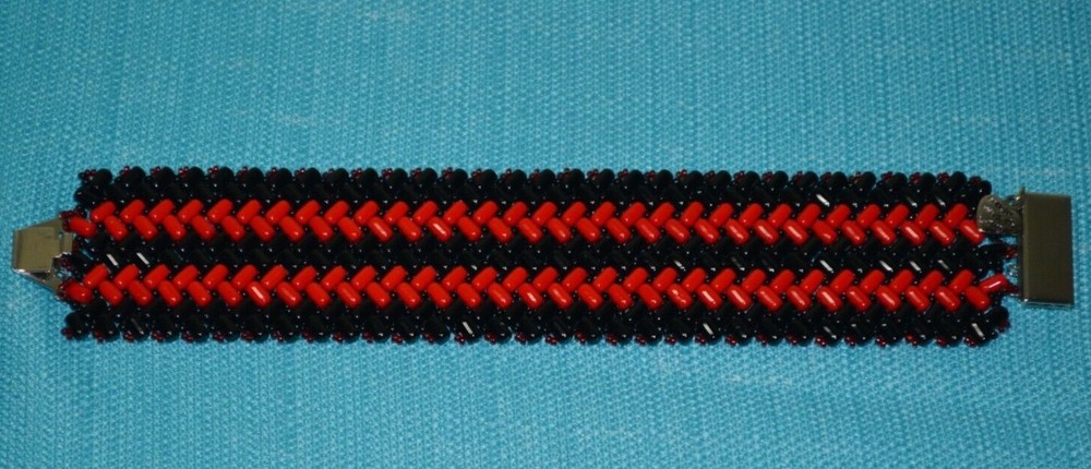 Red & Black Chevron Pattern Handmade Beaded Cuff Bracelet