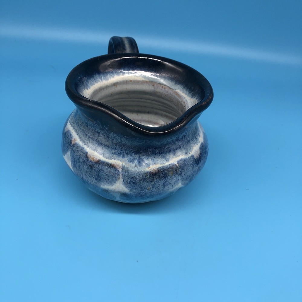 Studio Art Pottery Blue White Glaze Short Pitcher Butterfly Pattern