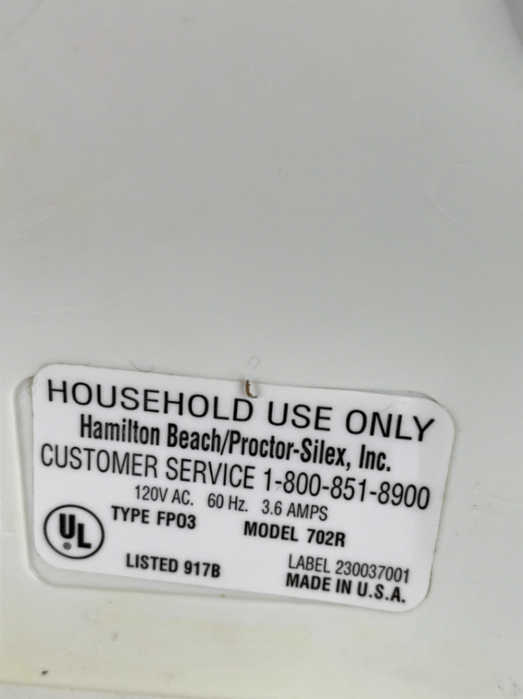 Hamilton Beach Food Processor Model 702R White 120V 3.6AMP 702R Base Unit