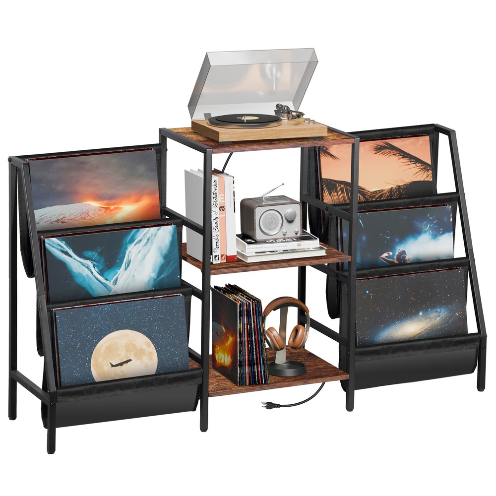 Large Vintage Record Player Table Vinyl Display Shelf w/ Power Outlets & Socket