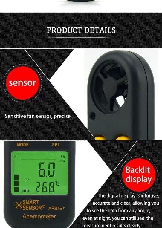 SMART SENSOR Digital Anemometer Handheld Air Wind Speed Velocity LCD Detector AU